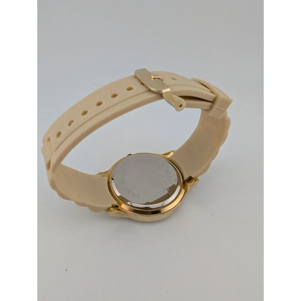 Women's Quartz Watch 42mm Gold Case Beige Silicone Band-‎ New Battery